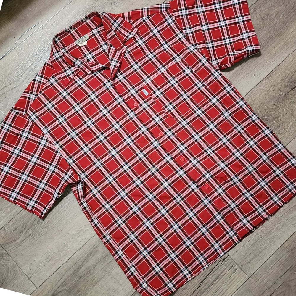 CalTop Men Red Plaid Short Sleeve Button Up Shirt Made USA XL Y1000 Streetwear